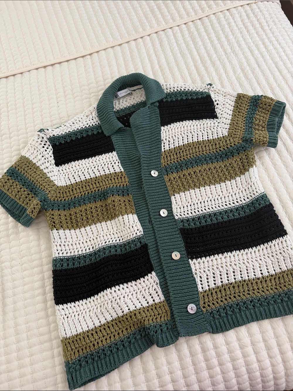 Zara Short-Sleeve Striped Knit Cardigan in White, Green, Black & Olive